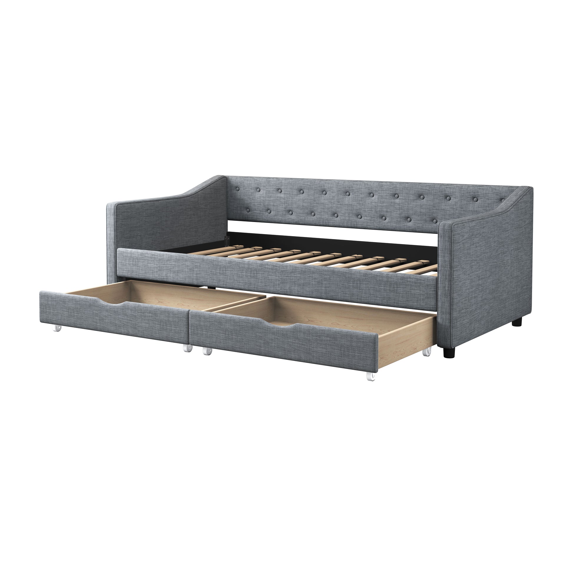 Twin Size Daybed With Drawers Upholstered Tufted Sofa Bed, With Button On Back And Piping On Waved Shape Arms Light Grey Twin Light Grey Wood Fabric