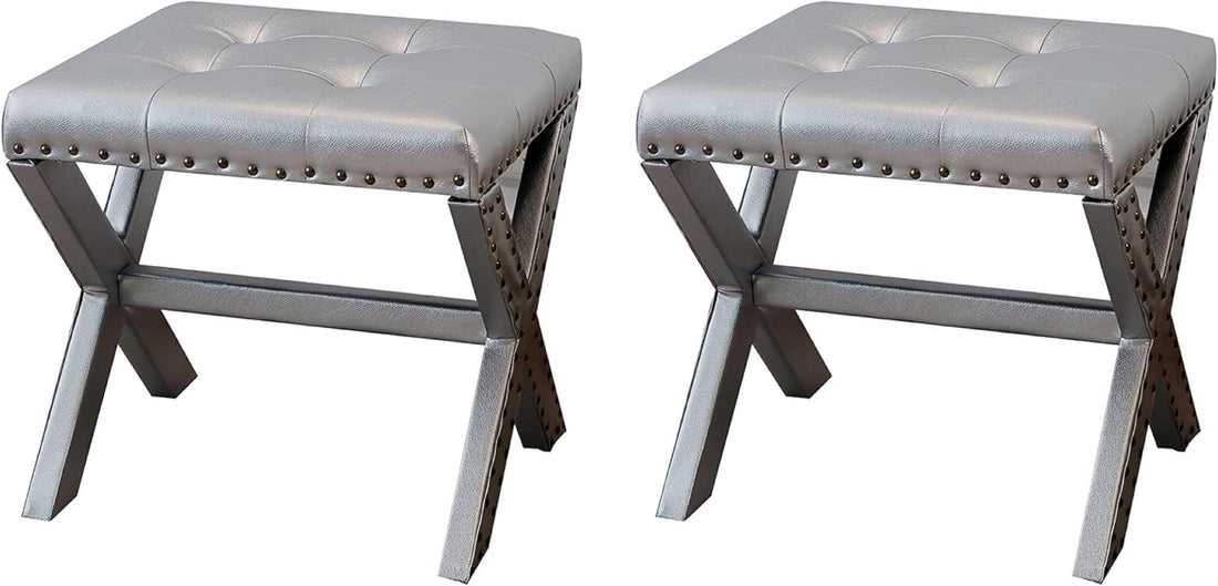 Set Of 2 Silver Modern Chic Vanity Stool Upholstered Chair Fabric Trim Tufted Seat And Solid Wood Frame Silver Vanity Stools Polyester Bedroom Rectangular Traditional Nailheads Wood