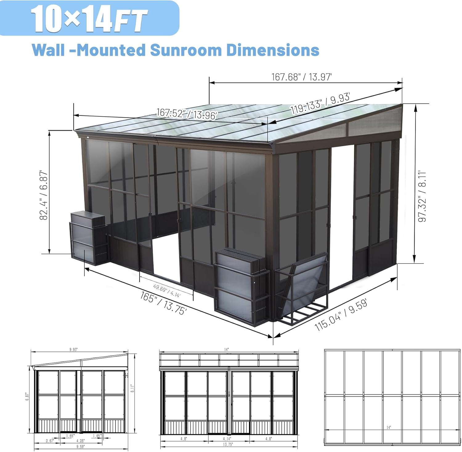 10X14Ft All Season Sunroom, Outdoor Permanent Wall Mounted Solarium With Detachable Polycarbonate Windows, Aluminum Lean To Gazebo Sun Room With 2 Lockable Sliding Doors For Garden Patio Deck Dark