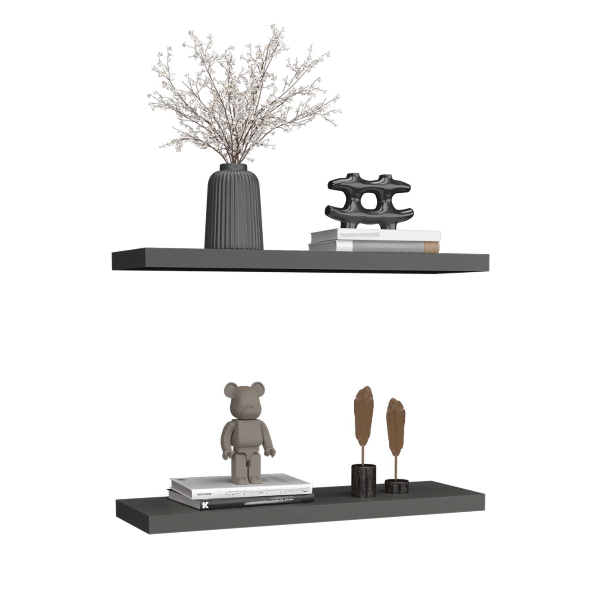 Floating Shelves 1.50" H, 2 Shelves, Matt Gray Grey Solid Wood Mdf Engineered Wood