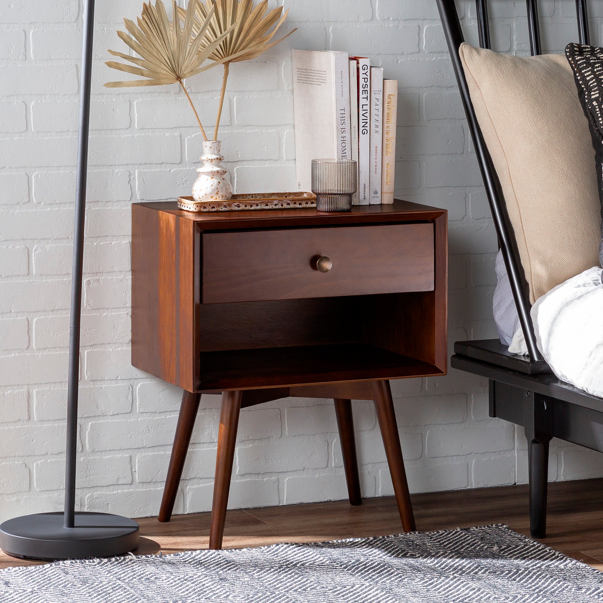 Mid Century Modern Single Drawer Solid Wood Nightstand Walnut Walnut Pine