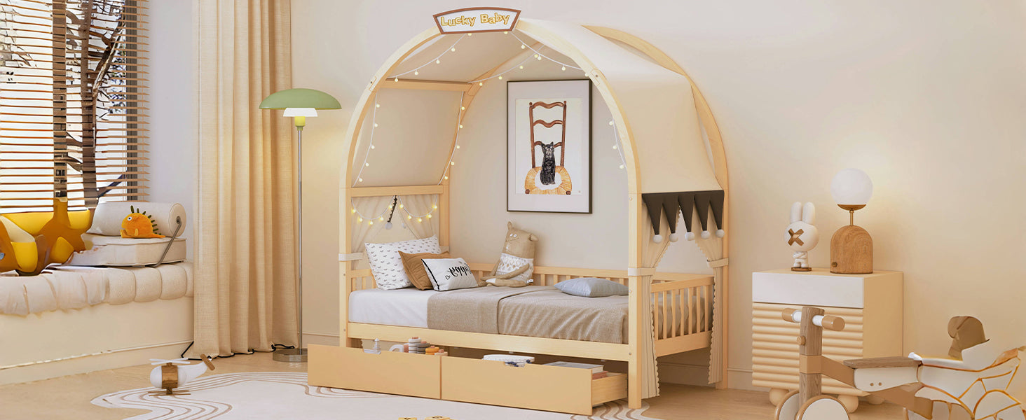 Twin Size Bed With Arched Roof And 2 Drawers, Natural Twin Natural Plywood