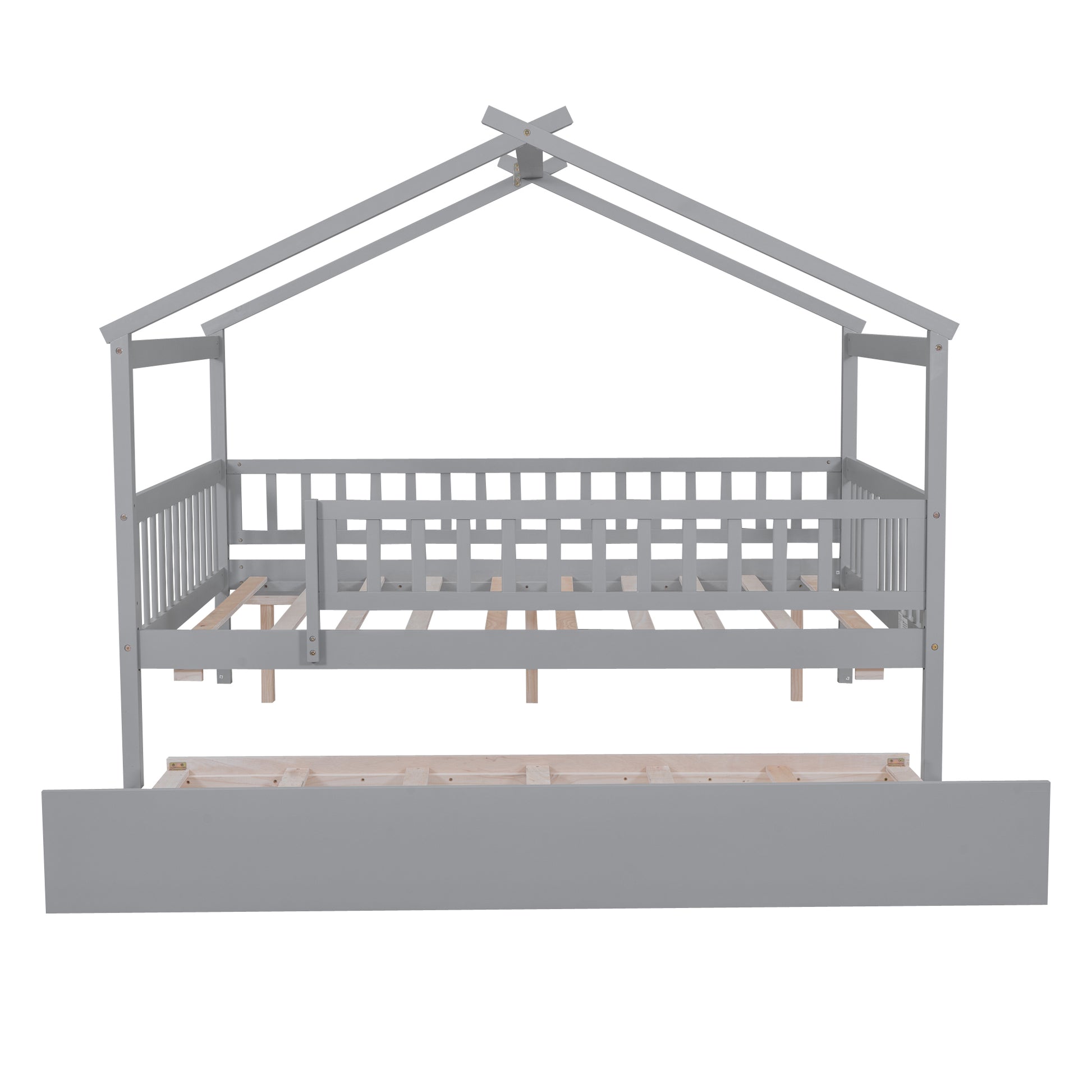 Full Size Wooden House Bed With Twin Size Trundle, Gray Full Gray Solid Wood Mdf
