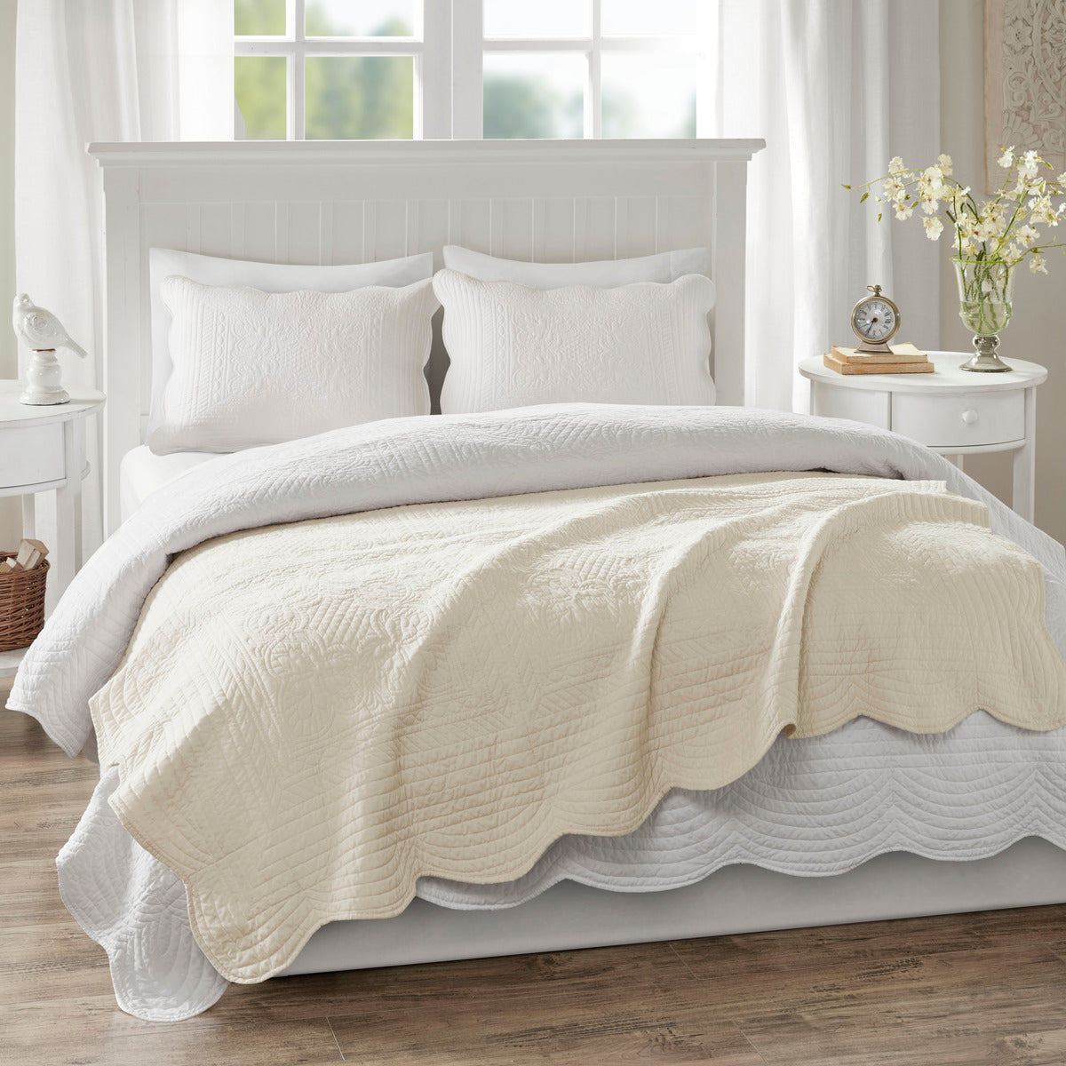 Oversized Quilted Throw With Soped Edges Cream 60X72" Cream Cotton
