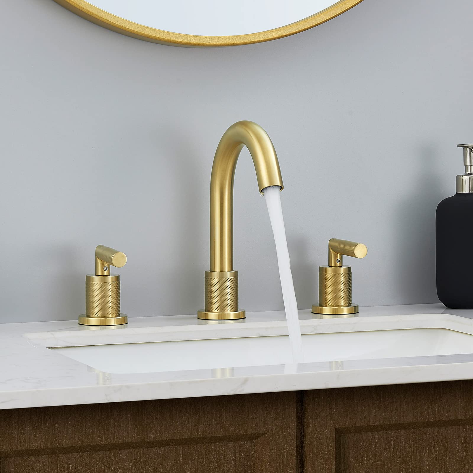 Gold Bathroom Faucet 2 Handle 8 Inch Bathroom Sink Faucets Stainless Steel 3 Hole Widespread With Pop Up Drain And Water Supply Hoses, Brushed Gold Brushed Gold Metal