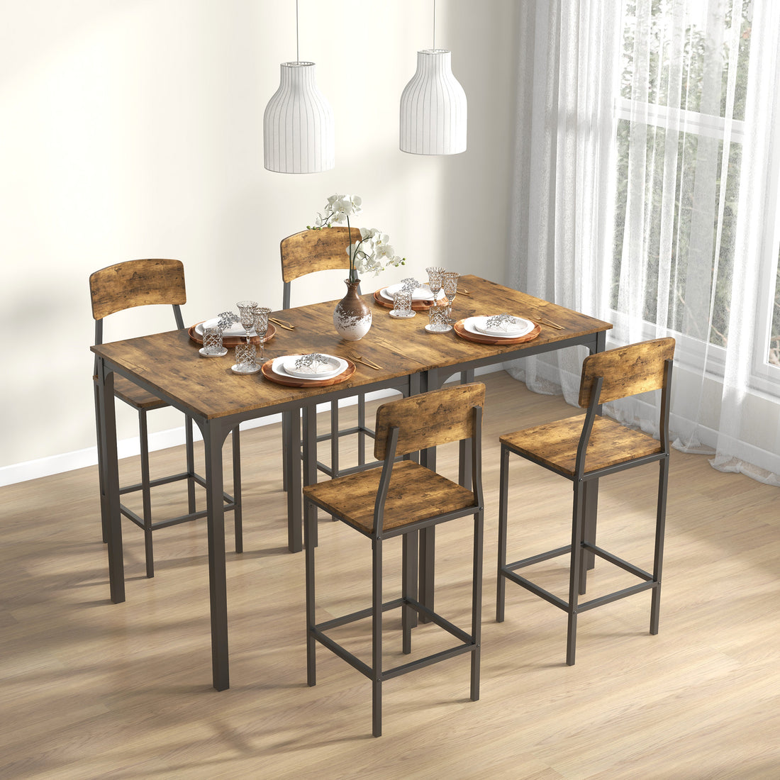 Homcom 3 Piece Counter Height Bar Table And Chairs Set, Industrial Small Dining Table Set For 2, Square Kitchen Table And Stools With Steel Frame, Rustic Brown And Black Brown Black Steel