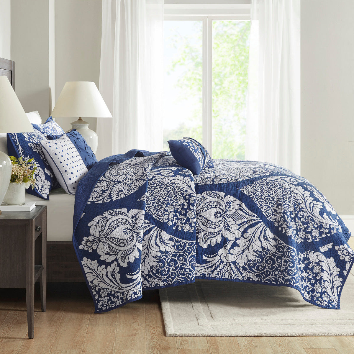 6 Piece Printed Cotton Quilt Set With Throw Pillows Indigo Full Queen Indigo Polyester