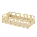 Twin Size Floor Bed, Integral Construction With Super High Security Barrier, Door, Children'S Floor Bed Frame, Montessori Wooden Children'S Floor Bed, Support Slat Natural Wood Box Spring Required