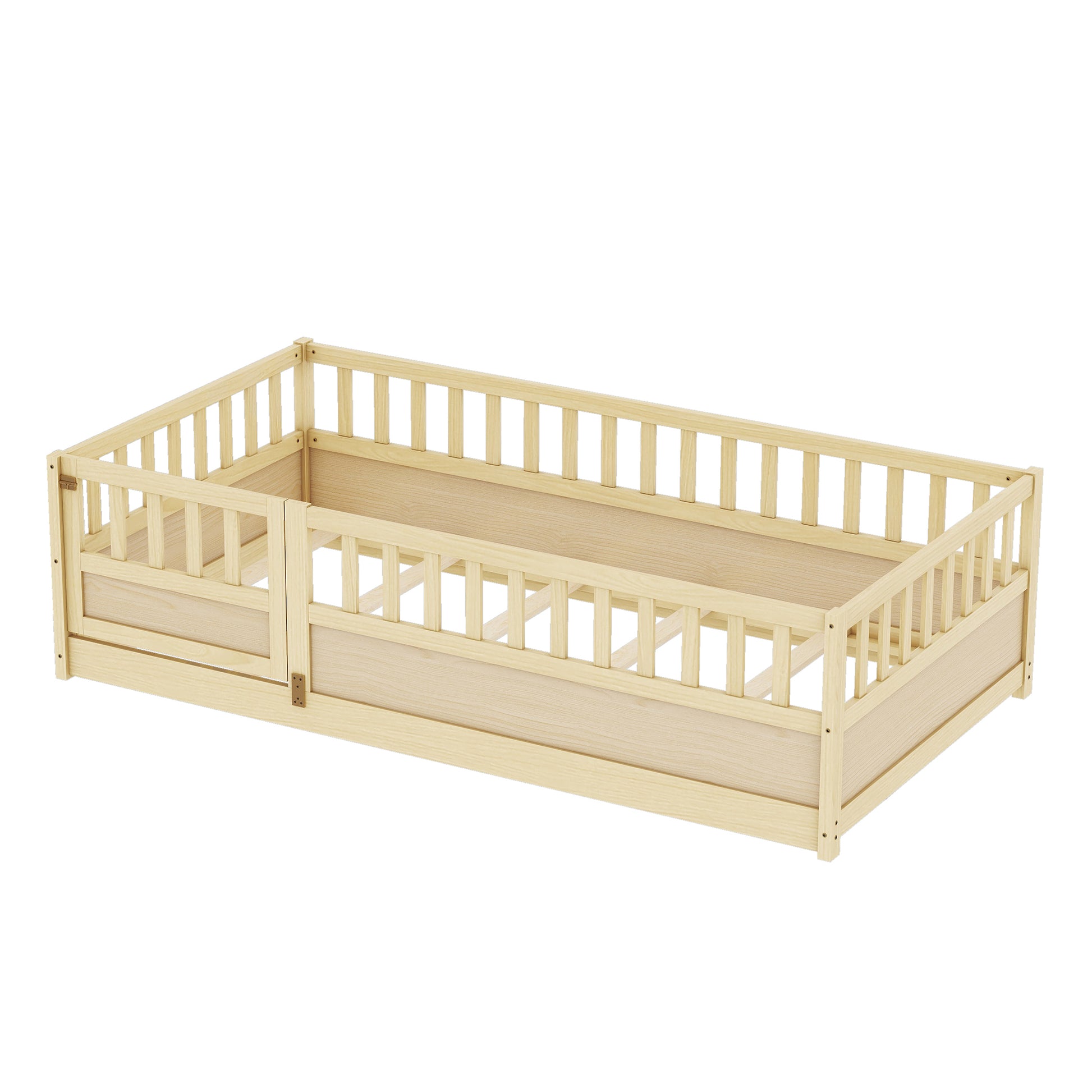 Twin Size Floor Bed, Integral Construction With Super High Security Barrier, Door, Children'S Floor Bed Frame, Montessori Wooden Children'S Floor Bed, Support Slat Natural Wood Box Spring Required