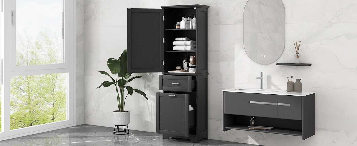 Tall Bathroom Storage Cabinet, Freestanding Storage Cabinet With Two Different Size Drawers And Adjustable Shelf, Mdf Board With Painted Finish, Black Black Mdf