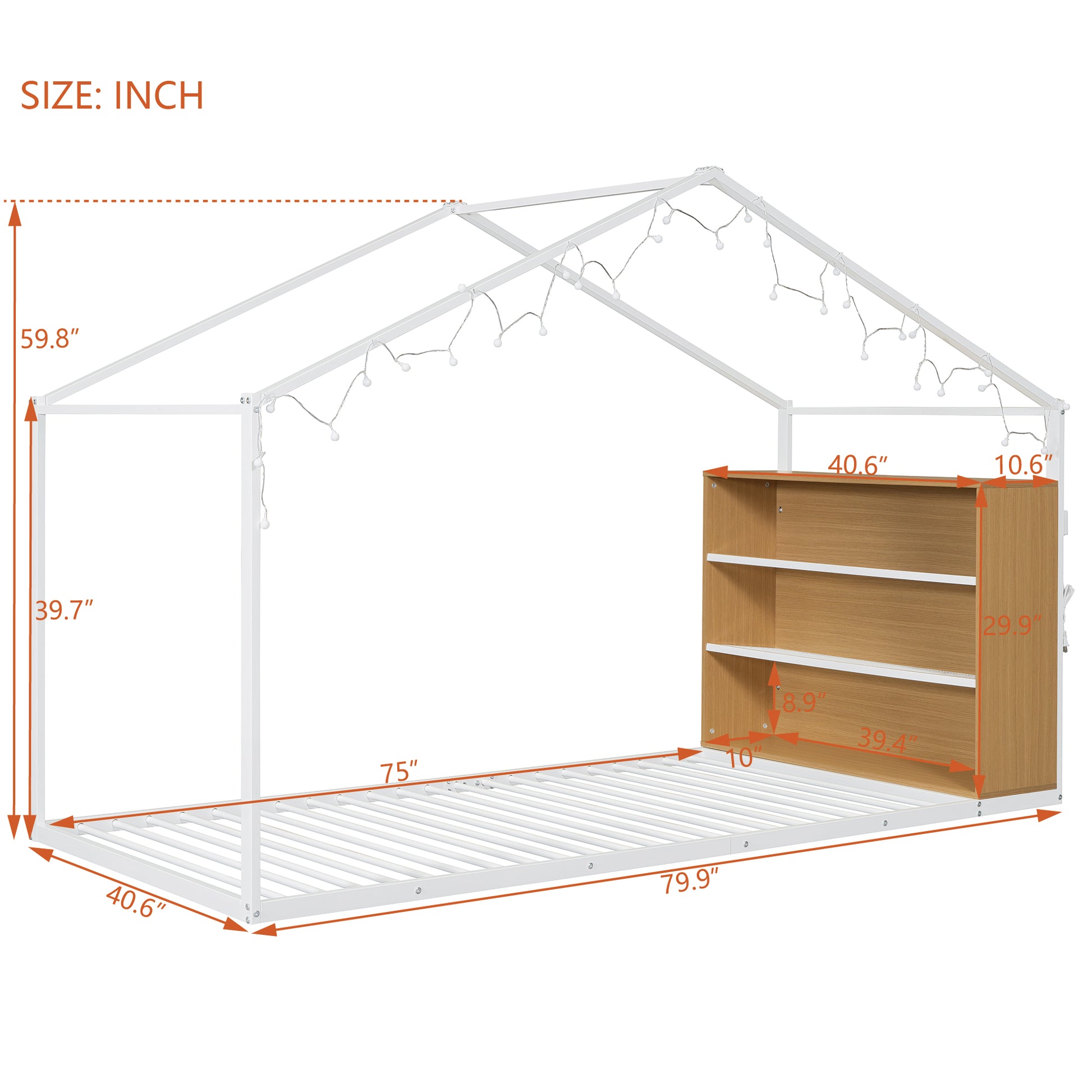 Twin Size Metal Bed House Bed Frame With Shelves And Lights, White Twin White Metal & Wood