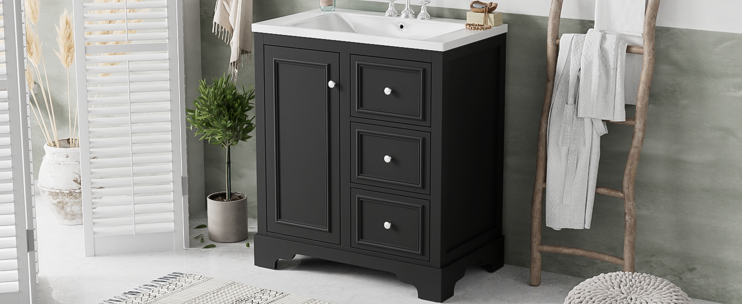 30 Inch Bathroom Vanity Cabinet With Ceramic Basin, 3 Drawers And Adjustable Shelves Black Bathroom Solid Wood Mdf