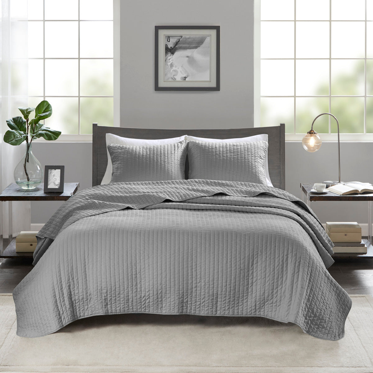 3 Piece Quilt Set Grey King Cal King King Grey Cotton