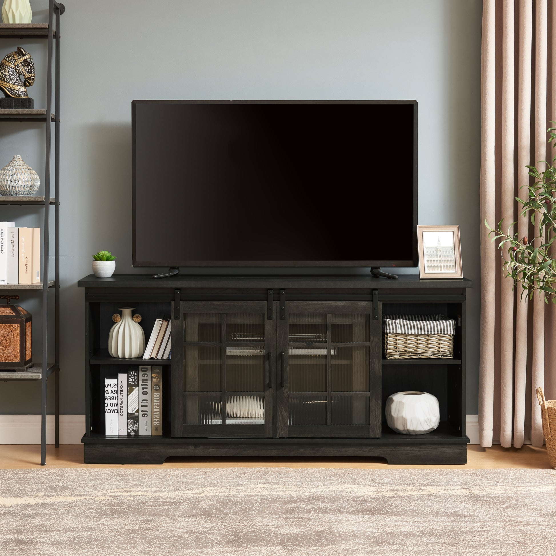 Multipurpose Sliding Door Tv Stand Large Storage Cabinet With 2 Sliding Fluted Glass Tempered Doors, Tv Up To 65'', Tv Desk Storage Rack, Charcoal Grey, 59.13"W*15.94"D*27.8"H Charcoal Grey 60 69 Inches Mdf