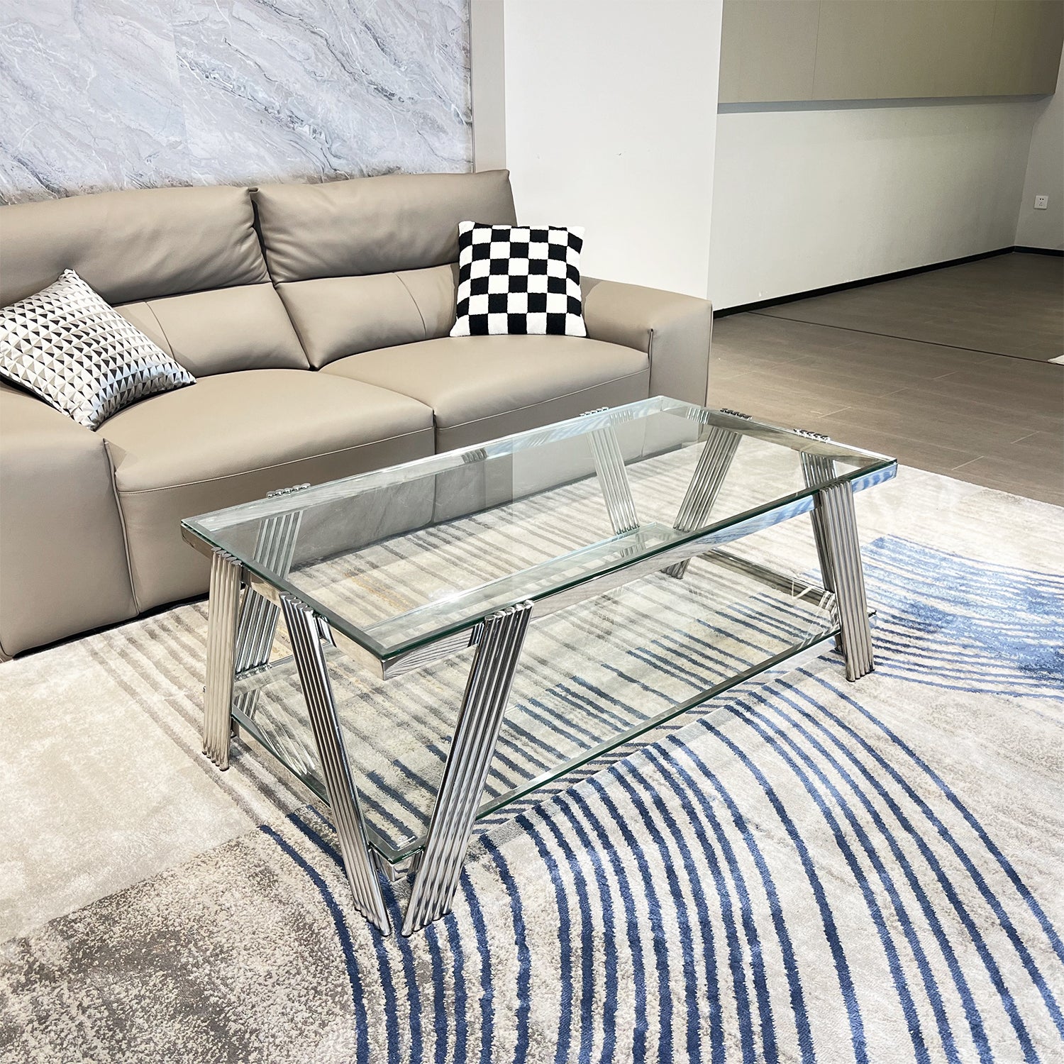 47" Wide Rectangle Modern Stainless Steel Coffee Table, Double Layer Clear Tempered Glass Coffee Table, Center Table With Storage, For Living Room Home Office, Easy Assembly, Silver Clear,Silver