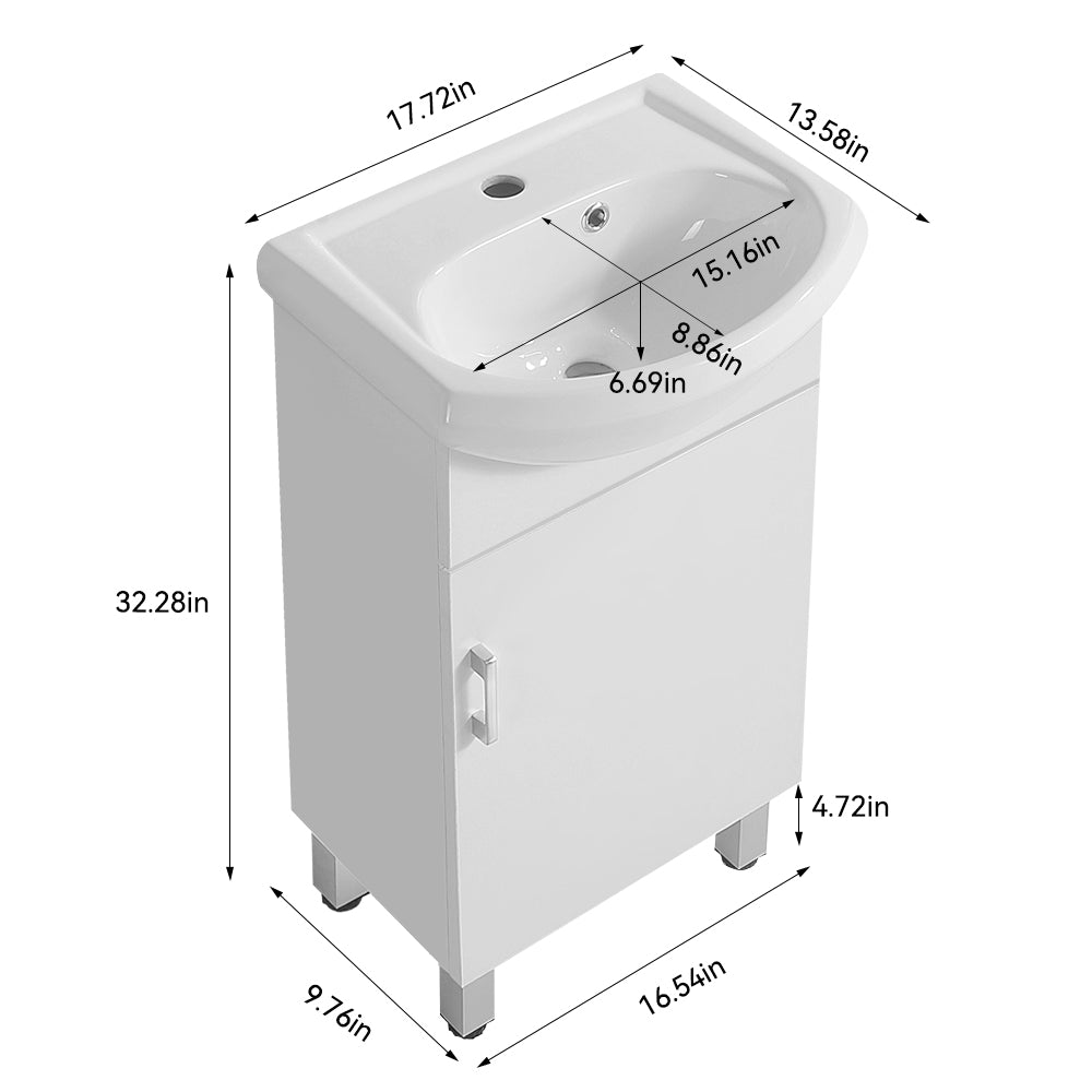 18 Inch Mini Bathroom Cabinet With Ceramic Sink White White Solid Wood