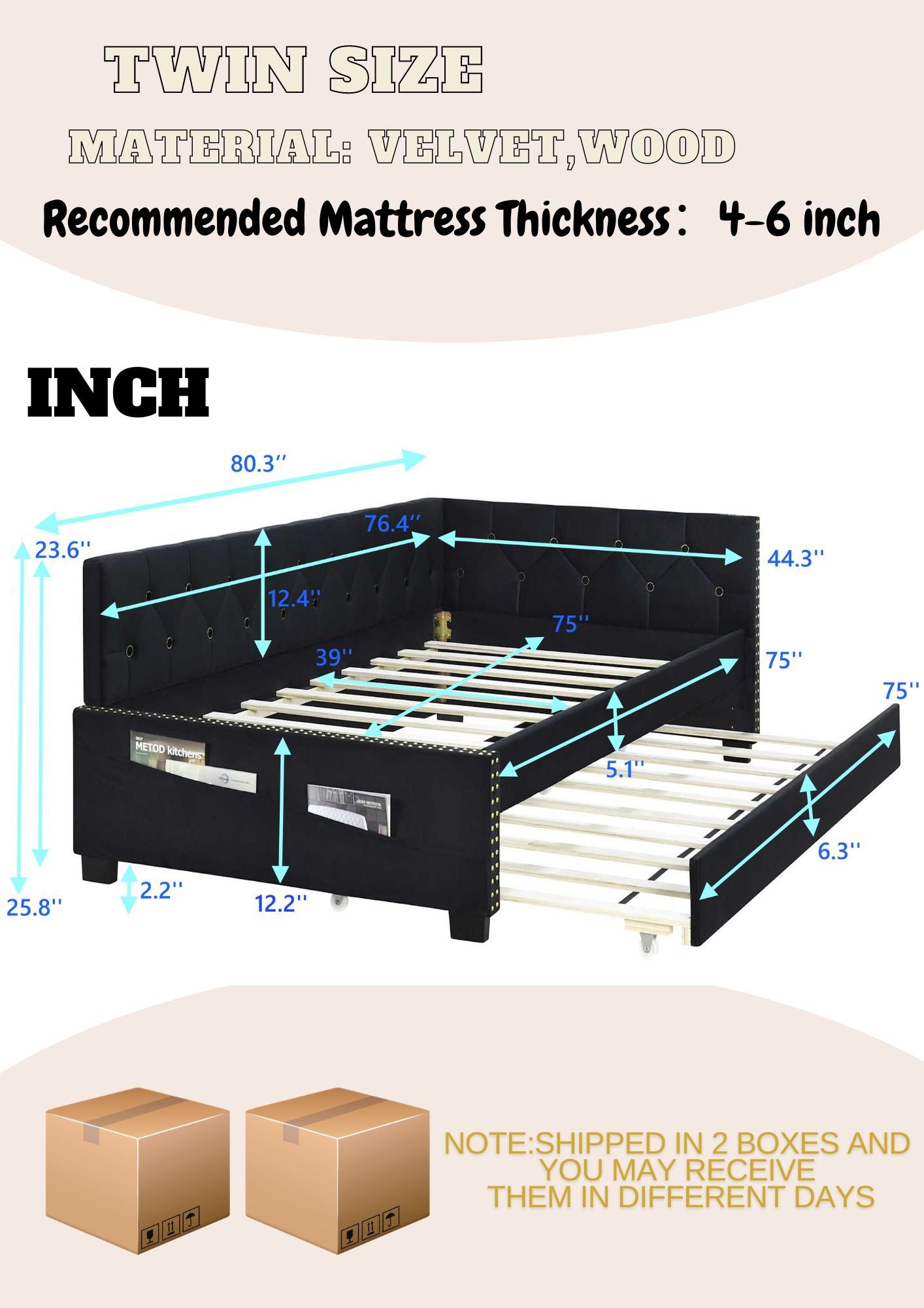 Black Upholstered Twin Size Daybed Bed Frame Corner Bed With Trundle, Velvet Fabric, Studding Design, No Box Spring Required, Fits Any Style Box Spring Not Required Twin Black Wood Espresso Bedroom Artsy,Retro,Vintage Rubberwood Fiber Foam And Polyester