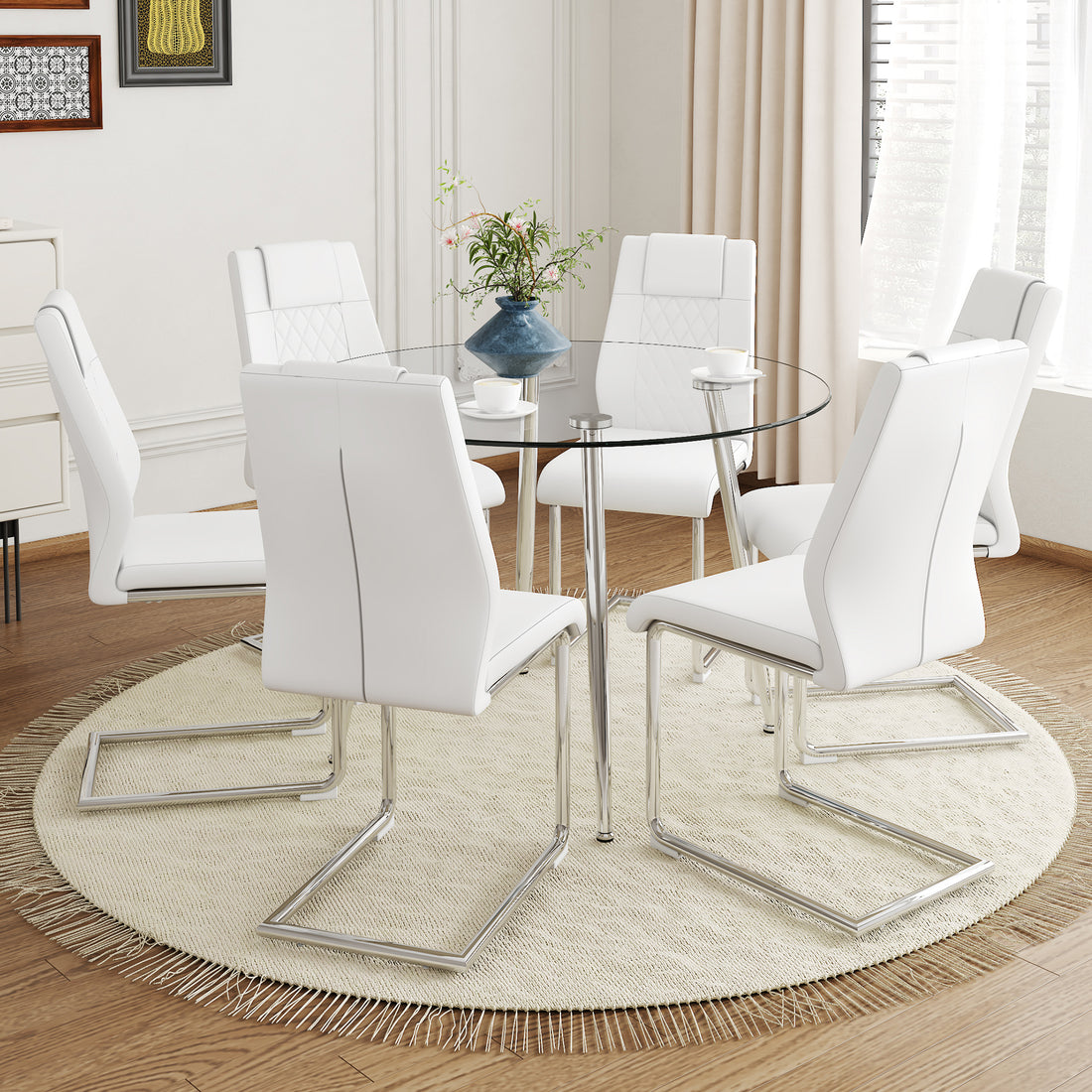 Table And Chair Set.A Modern Minimalist Round Dining Table With Transparent Tempered Glass Top And Silver Metal Legs,And 6 Chairs With Pu Backrest And Seat Cushion And Silver C Tube Metal Legs. Transparent,White Seats 6 Glass Metal