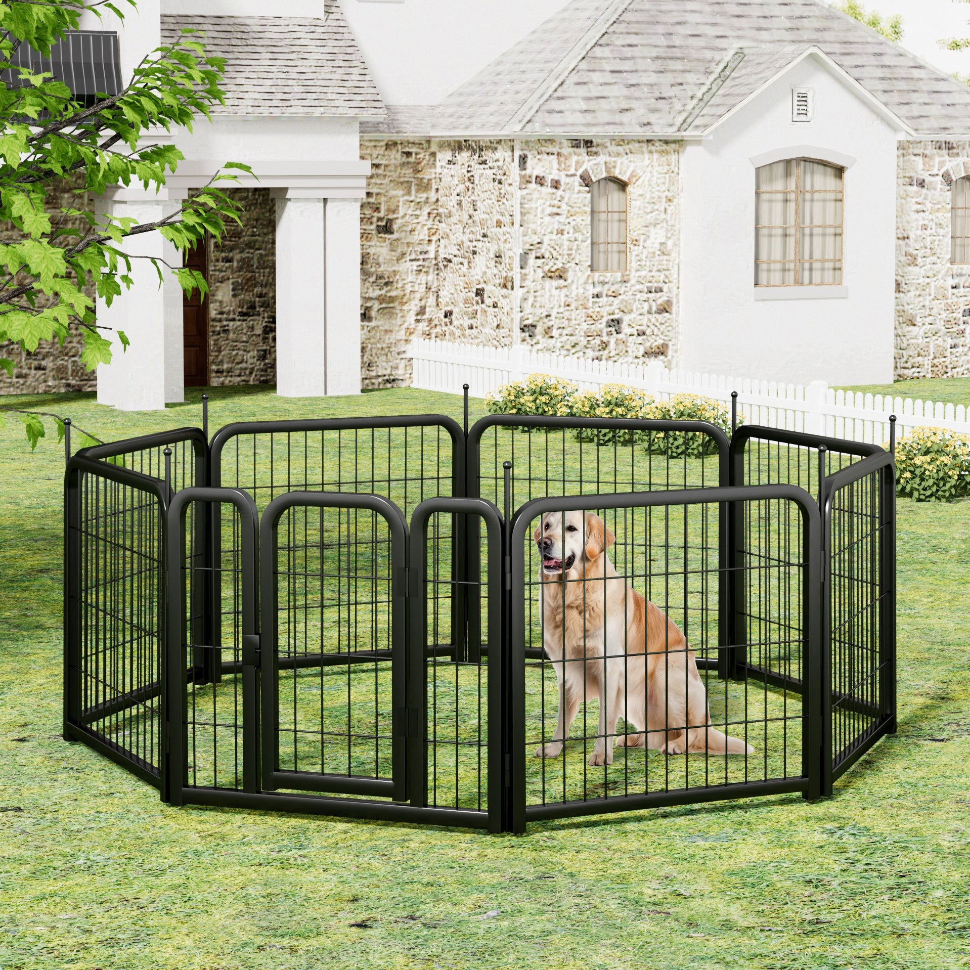 Dog Playpen Outdoor, 8 Panel Dog Fence 31.'' Pet Pen For Small Dogs Pet Exercise Pen For Puppy Rabbit Small Animals Portable Playpen For Rv Camping Garden Yard, Indoor. Black, 26.3'' W X 31.5'' H. Black Iron