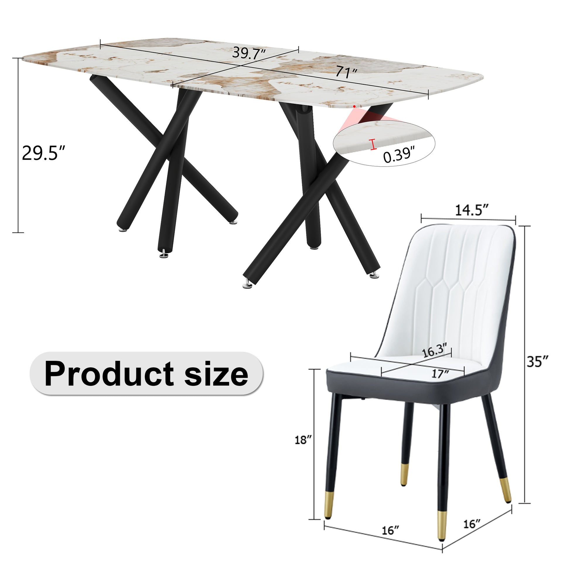 1 Table And 6 Chairs Set.A Rectangular Dining Table With A 0.39 Inch Imitation Marble Tabletop And Black Metal Legs.Paired With 6 Chairs With Pu Leather Seat Cushion And Black Metal Legs.F 1538,C 007 Black Glass Metal