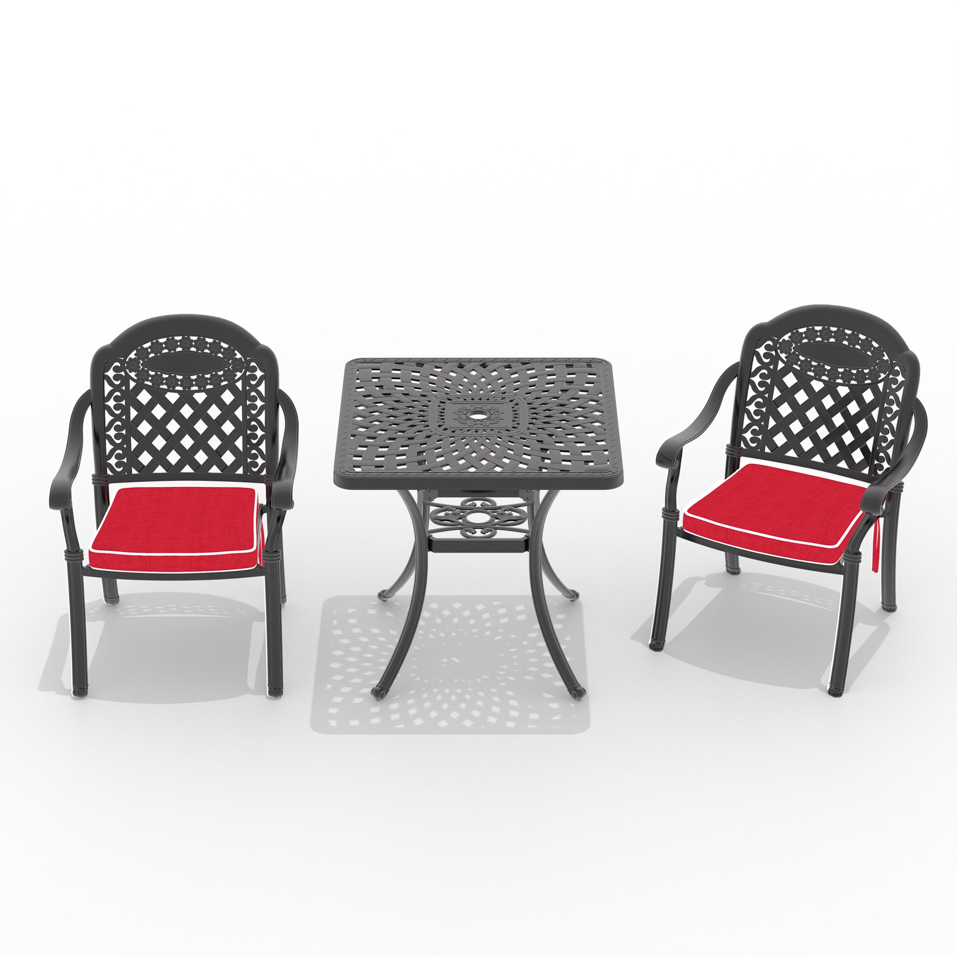 Cushions In Random Colors 3 Piece Set Of Cast Aluminum Patio Furniture With Cushions Yes Dining Set Black Seats 2 Rust Resistant Frame Water Resistant Cushion Garden & Outdoor Complete Patio Sets Aluminium