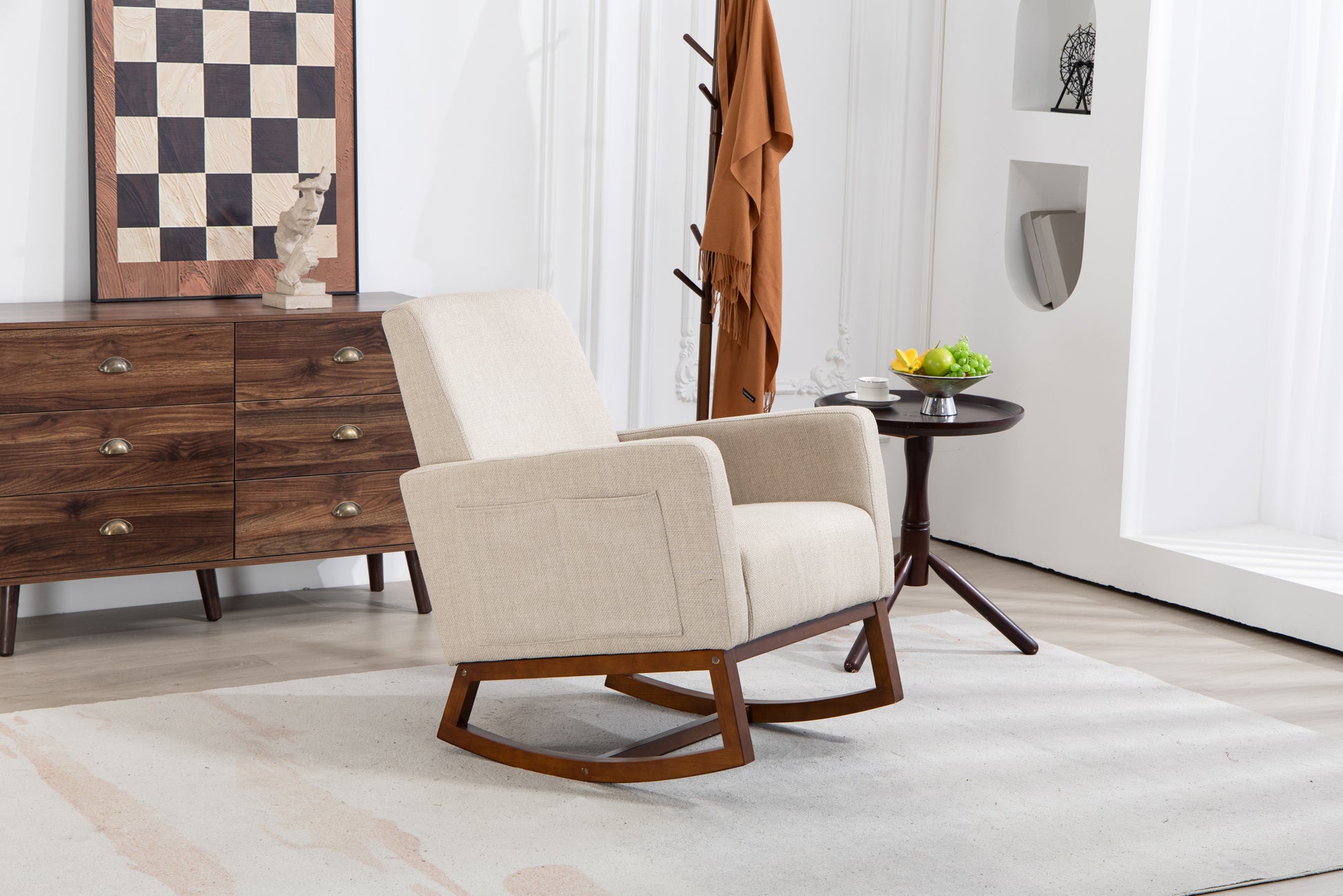Mid Century Modern Accent Chair With Wood Frame, Upholstered Living Room Chairs With Waist Cushion, Reading Armchair For Bedroom Sunroom Grey White Linen