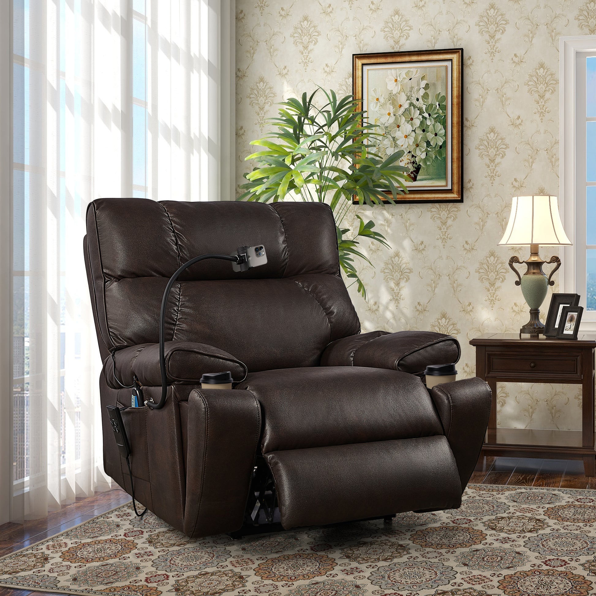 Recliner Chair With Phone Holder,Electric Power Lift Recliner Chair With 2 Motors Massage And Heat For Elderly, 3 Positions, 2 Side Pockets, Cup Holders Brown Faux Leather Power Remote Metal Primary Living Space American Design Eucalyptus Foam Bonded