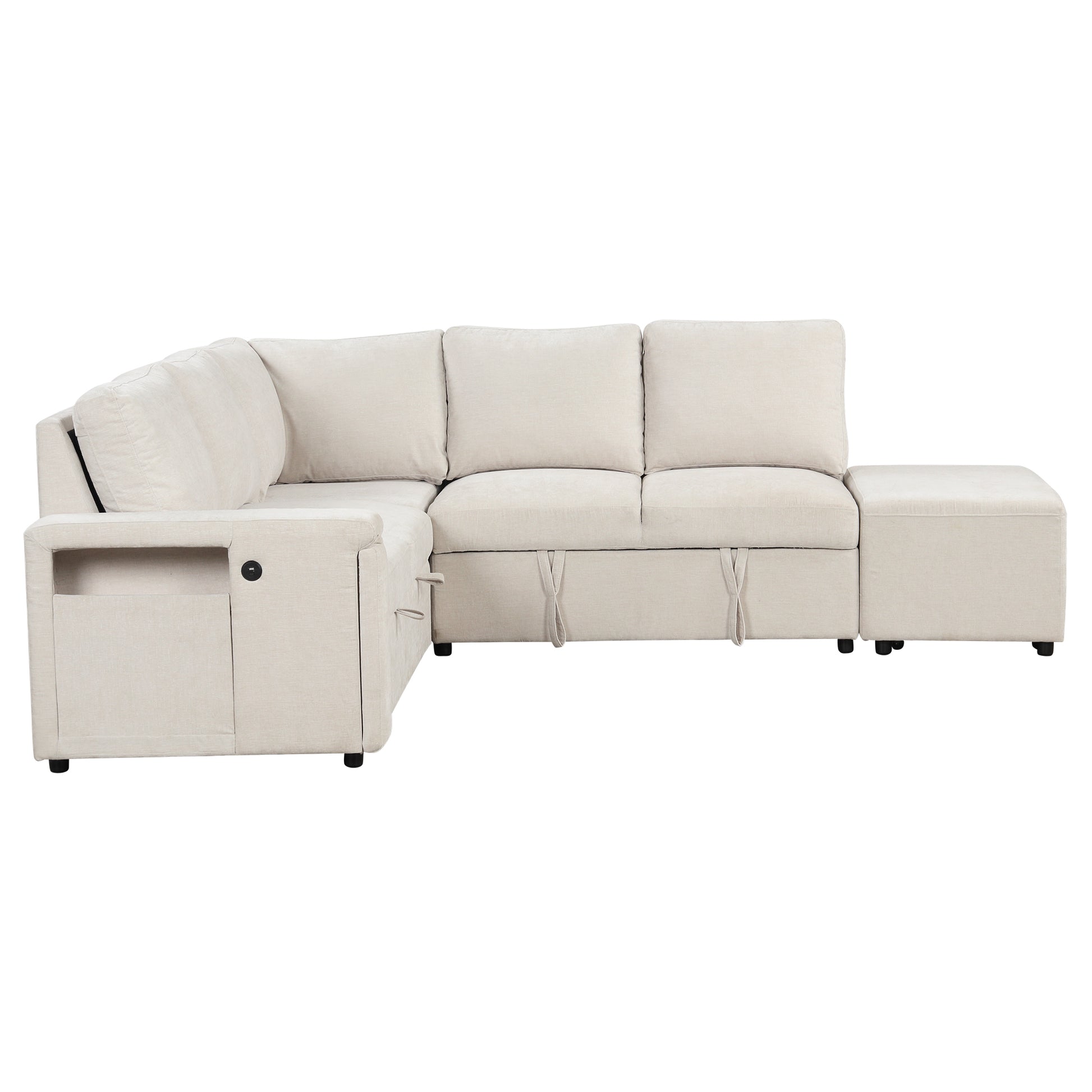 L Shaped Padded Modular Sofa With Storage Space, Usb Ports, And Cup Holders On The Armrests, Suitable For Living Rooms, Offices, And Apartments. Beige Wood Polyester 5 Seat