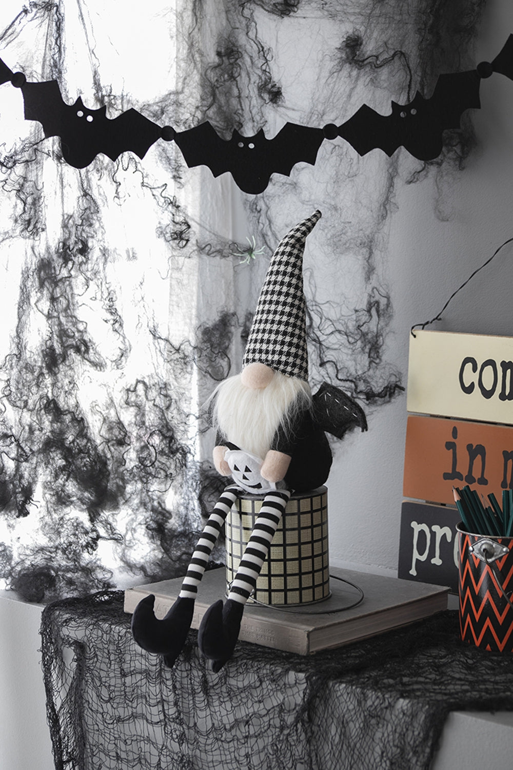 4.3X3.5X23.5" Fabric Sitting Black Gnome With Wings & Black White Plaid Hat, For Halloween Decor Black White Polyester