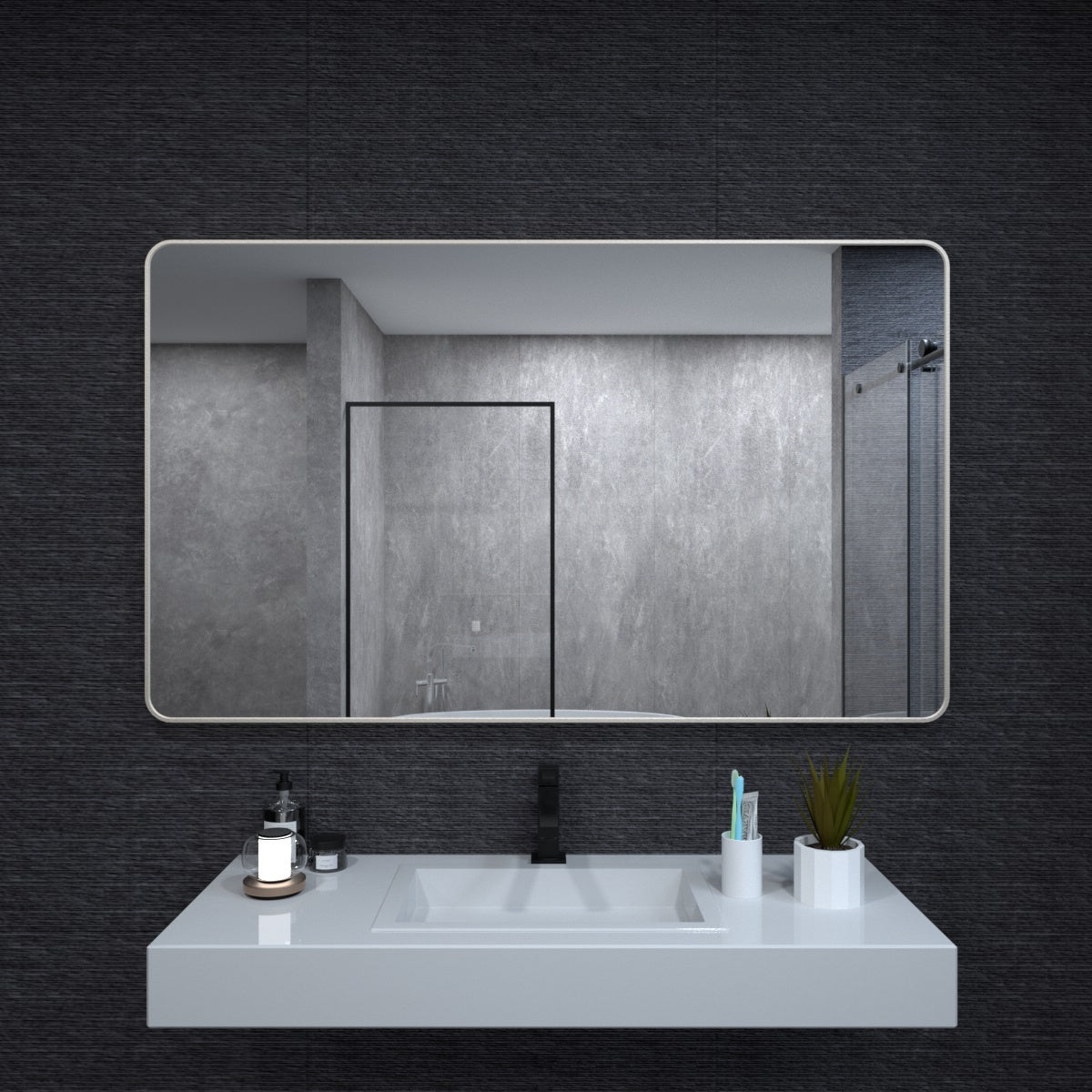 60X36 In. Aluminum Framed Rounded Rectangle Bathroom Wall Mirror, Brushed Nickel Bathroom Vanity Mirror Farmhouse, Anti Rust, Tempered Glass Mirrors, Hangs Horizontally Or Vertiy Brushed Nickel Aluminum