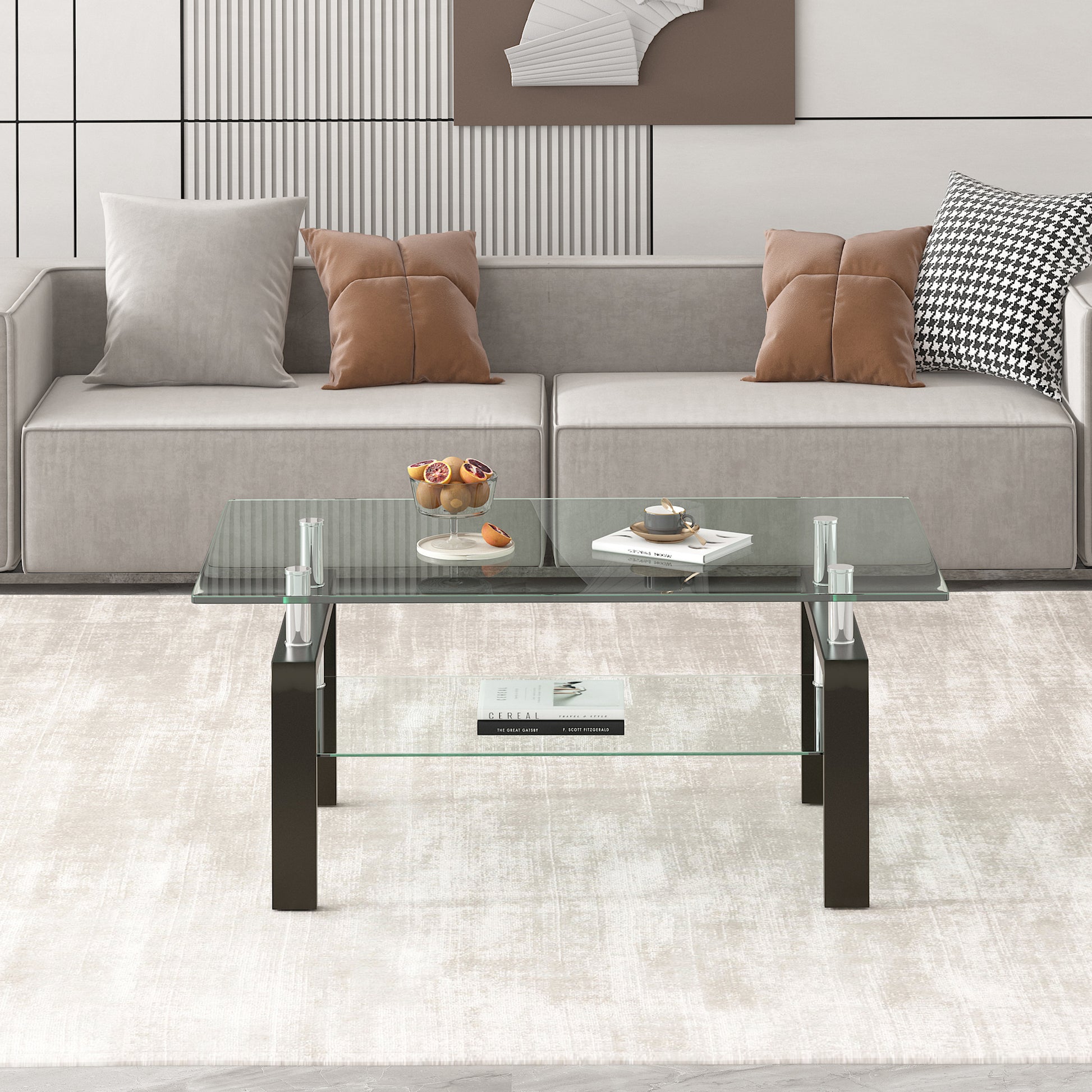 Transparent Tempered Glass Coffee Table, 2 Layer Storage Tea Table, Clear Center Table Clear Tempered Glass