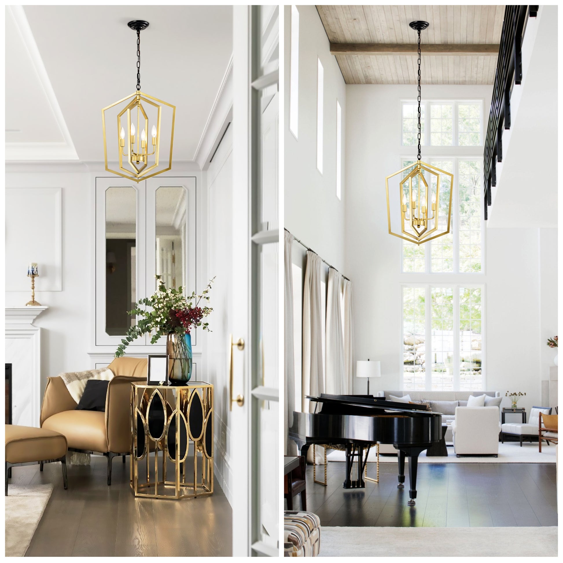 4 Light Farmhouse Kitchen Chandeliers, Vintage Cage Light Fixture Adjustable Height Chandeliers For Dining Room Hallway Foyer Entryway E12 Bulbs Not Included Gold Matte Black Gold Matte Black