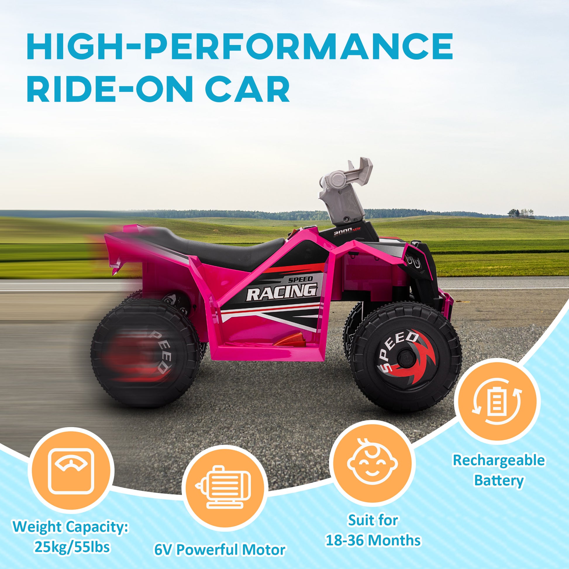 Aosom Kids Atv Quad Car, 6V Four Wheeler For Kids With Forward Backward Function, Wear Resistant Wheels For Toddlers Ages 18 36 Months, Pink Pink Iron Plastic