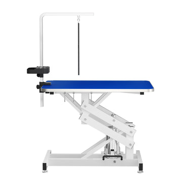 "Heavy Duty Hydraulic Dog Grooming Table With Anti Static Top, Adjustable Z Lift 21" 36" , Armrests, Leash Covers, Tool Organizers, Hooks, & 330Lb Capacity Blue" Blue Steel