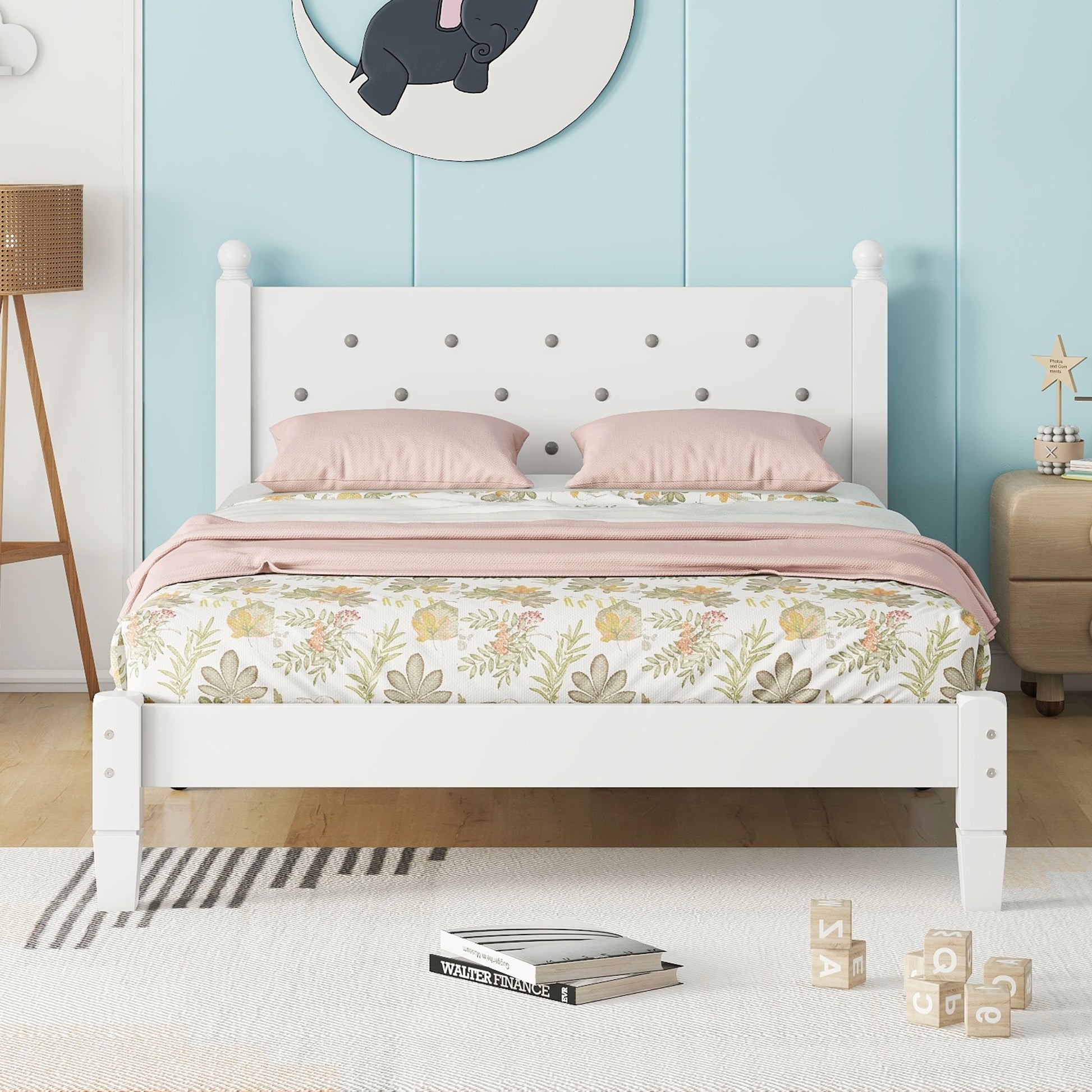 Twin Bed With Button Decoration Headboard, With Bed Slats,White Twin White Pine