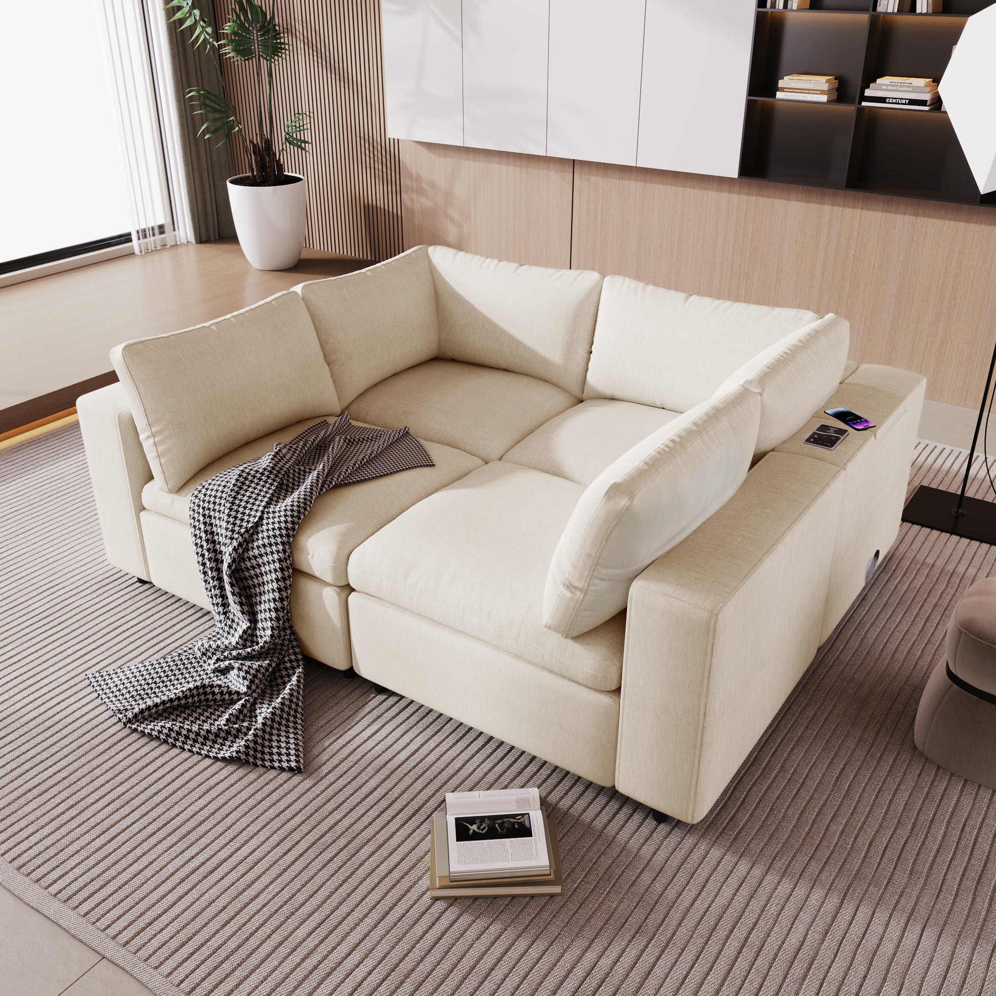 Upholstered Modular Sofa With With Storage Space, Usb Charge Ports,Wireless Charging And Built In Bluetooth Speaker In Arm,Sectional Sofa For Living Room Apartment. Old Sku:Wy000317Aaa Beige