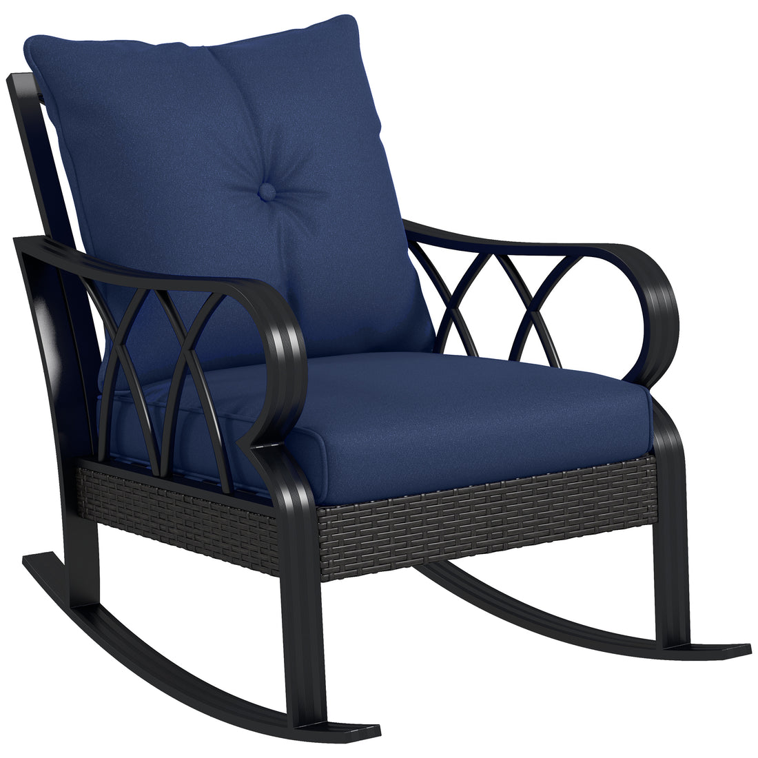 Outsunny Outdoor Wicker Rocking Chair With Padded Cushions, Aluminum Furniture Rattan Porch Rocker Chair W Armrest For Garden, Patio, And Backyard, Navy Blue Blue Aluminum