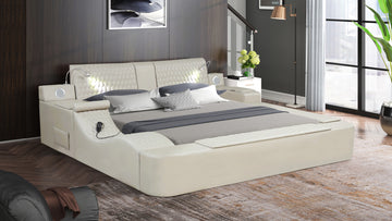 Zoya Smart Multifunctional King Size Bed Made With Wood In Beige Box Spring Not Required King Beige Wood Bedroom Contemporary,Modern Slat Beds Upholstered Faux Leather Wood