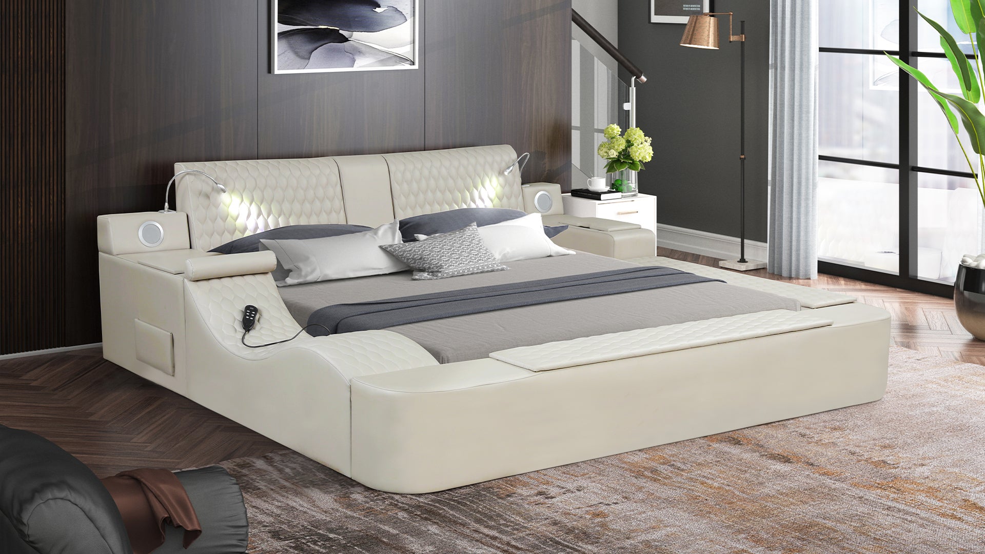 Zoya Smart Multifunctional Queen Size Bed Made With Wood In Beige Box Spring Not Required Queen Beige Wood Bedroom Contemporary,Modern Slat Beds Upholstered Faux Leather Wood