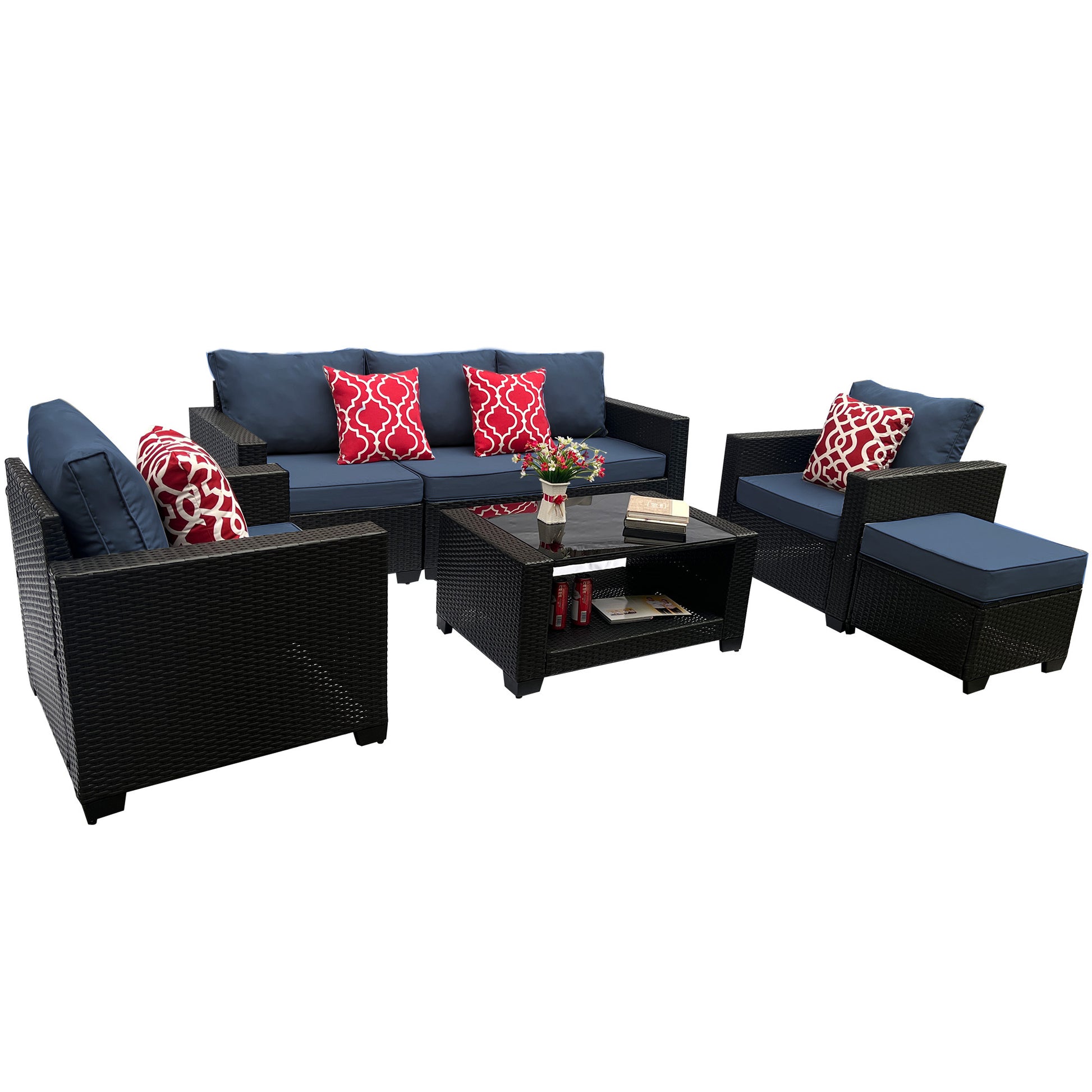 Outdoor Garden Patio Furniture 7 Piece Pe Rattan Wicker Cushioned Sofa Sets And Coffee Table, Patio Furniture Set Outdoor Couch Outdoor Couch Patio Furniture Outdoor Sofa Patio Couch Yes Complete Patio Set Dark Coffee Blue Seats 6 Weather Resistant Frame
