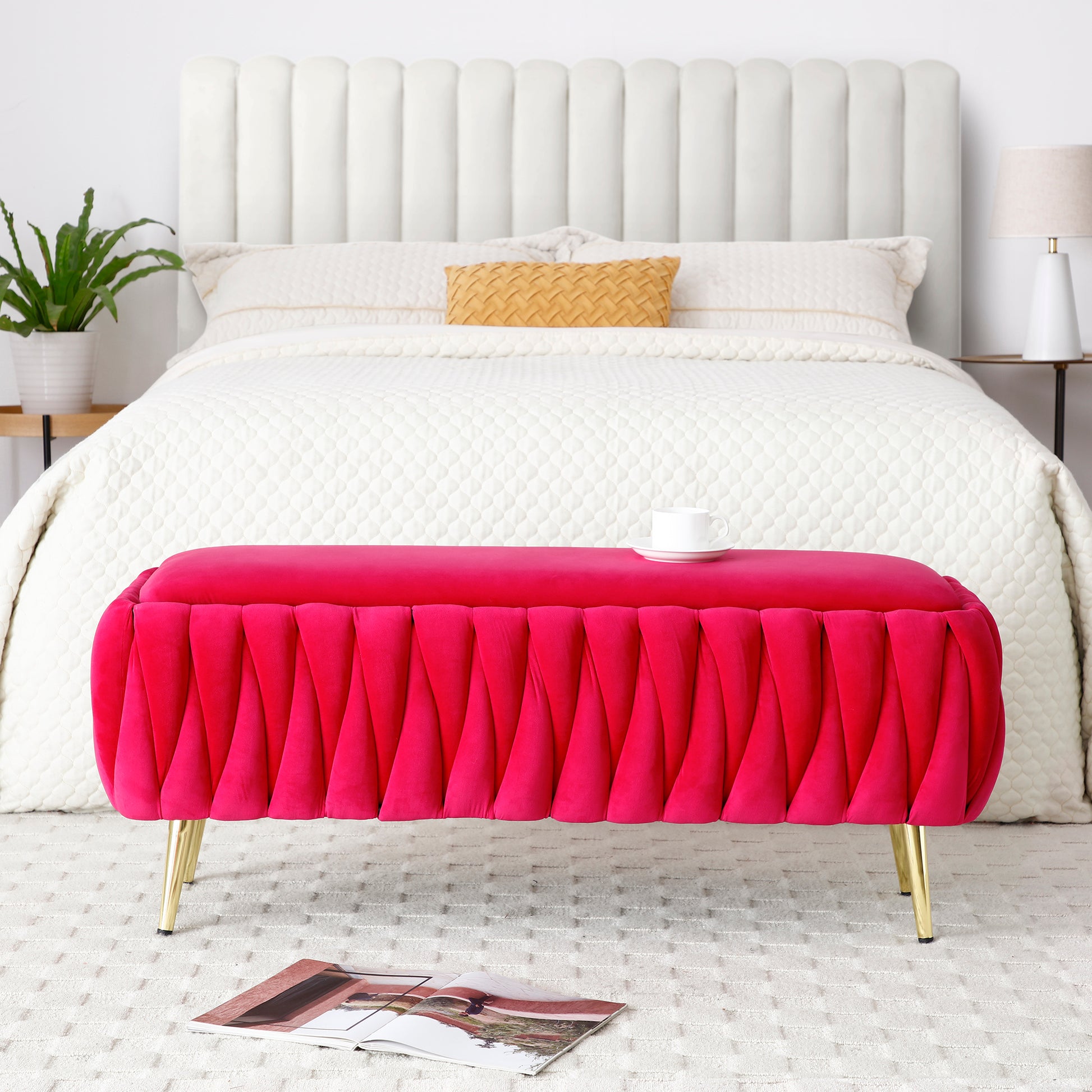 Oval Storage Bench With Gold Legs,Velvet Fabric Upholstered Ottoman Storage Benches For Bedroom End Of Bed,Sherpa Fabric Bench For Living Room,Dining Room,Entryway,Bed Side,Rose Red,5 Colors Rose Red Velvet