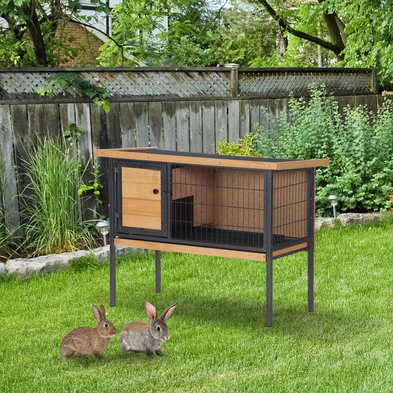 Pawhut Rabbit Hutch Elevated Bunny Cage Small Animal Habitat With Metal Frame, No Leak Tray, Mtetal Wire Pan And Openable Water Resistant Asphalt Roof For Indoor Outdoor Natural Wood Natural Wood Wood