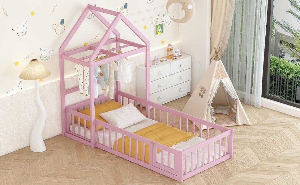 Wooden Floor Bed With Fence Railings And Detachable House Shape Headboard, Twin Size Bed With Kids Dress Up Rack, Kids Montessori Style Playhouse Frame For Girls Boys, Pink Twin Pink Wood