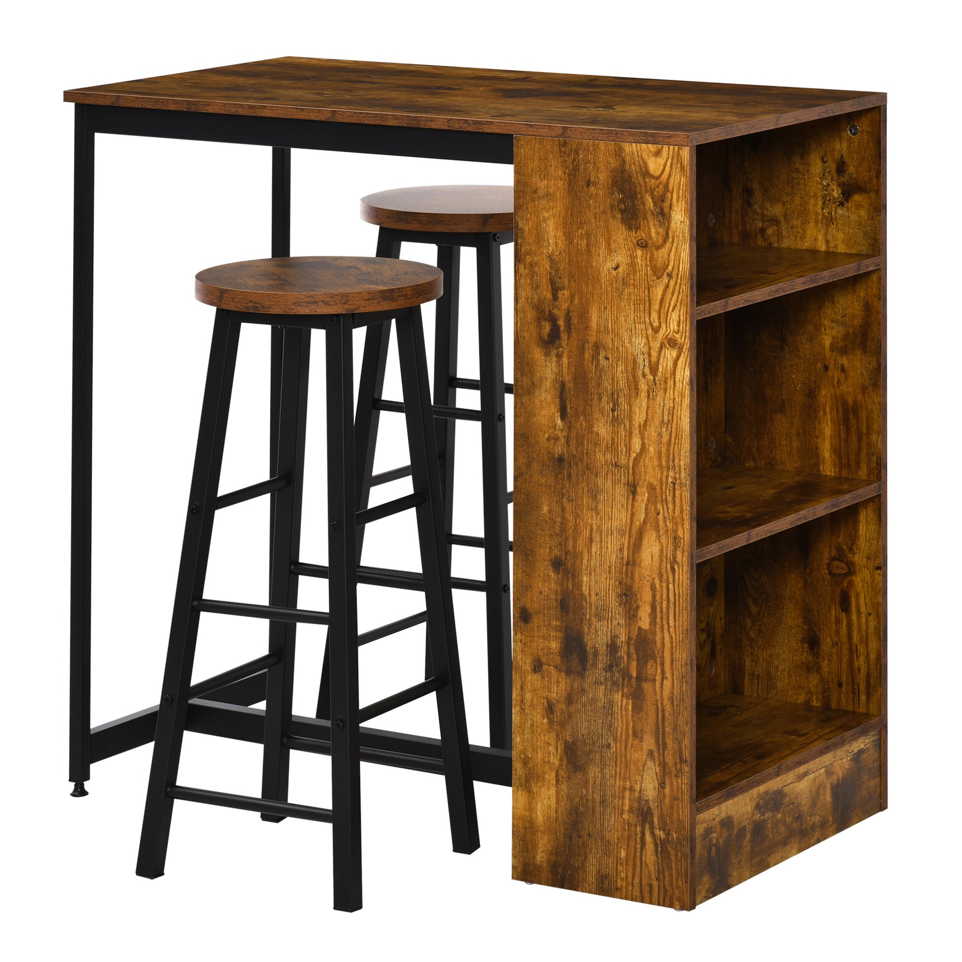 Homcom 3 Piece Industrial Dining Table Set, Counter Height Bar Table & Stools Set With Storage Shelf, Rustic Brown Rustic Brown Particle Board