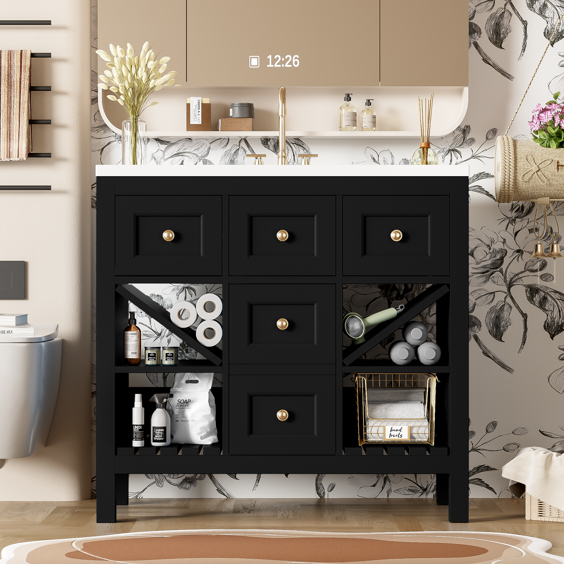 36'' Bathroom Vanity With Resin Sink Combo, Solid Wood Frame Bathroom Storage Cabinet, Freestanding Vanity Set With 5 Drawers& Soft Closing Doors Same As Sw000141Aab Black Bathroom Solid Wood Mdf Resin