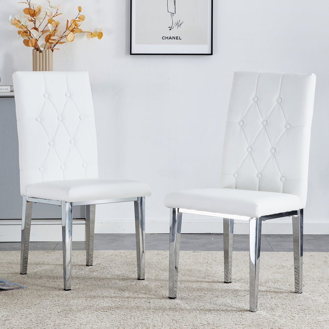 2 Piece Dining Chair Set, Modern Style Kitchen Soft Cushion High Backrest, With Embedded Buttons, Metal Leg Office Chair, Suitable For Restaurants, Offices, And Restaurants. White Pu