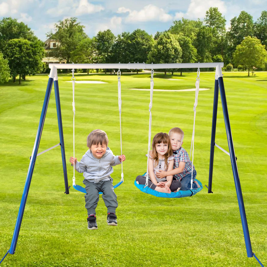 Kids Metal Swing Set For Backyard Outdoor Playground Two Functional Swing Set For Kids Outdoor Equipment Antique Blue 200 Lbs & Over Modern 5 To 8 Years Metal Outdoor