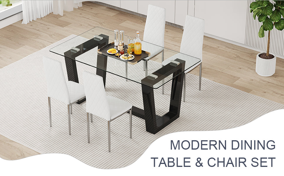 Table And Chair Set.A Rectangular Dining Table Features With Tempered Glass Top And Sleek Black Mdf Stand.Paried With 4 Pu Chairs With Checkered Armless High Back And Electroplated Metal Legs. Transparent,White Seats 4 Mdf Glass