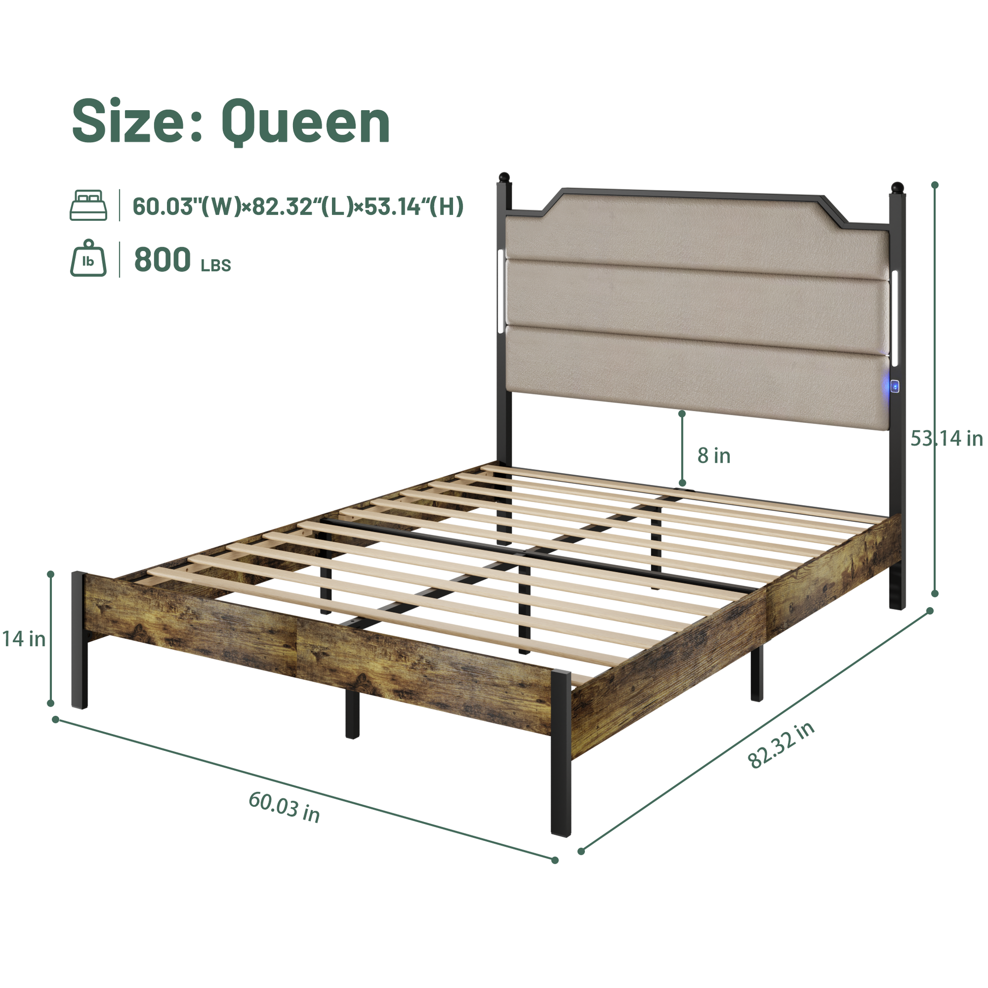 Queen Size Bed Frame With Upholstered Headboardqueen Bed Frame With Charging Station And Led Lights, Wood Slats, Easy Assembly,No Box Spring Needed,Industrial Brown Box Spring Not Required Queen