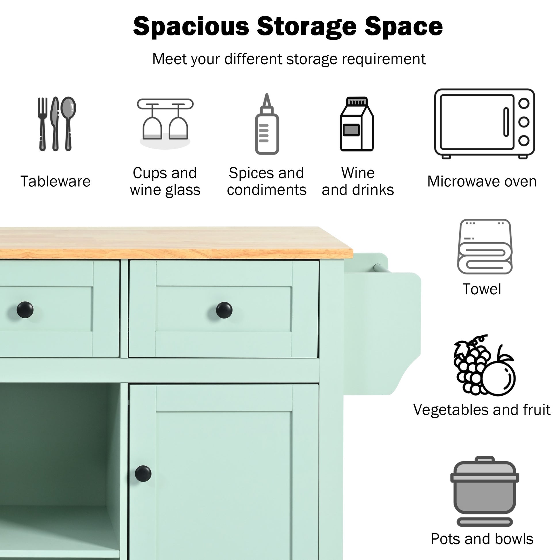 Kitchen Cart With Rubber Wood Drop Leaf Countertop ,Cabinet Door Internal Storage Racks,Kitchen Island On 5 Wheels With Storage Cabinet And 3 Drawers For Dinning Room, Mint Green Mint Green Kitchen American Design,American Traditional,Antique Rectangular